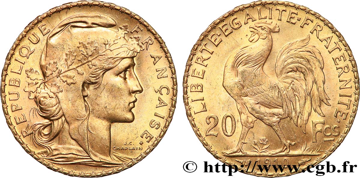 20 francs or Coq, Liberté Égalité Fraternité 1910 Paris F.535/4 VZ+ 