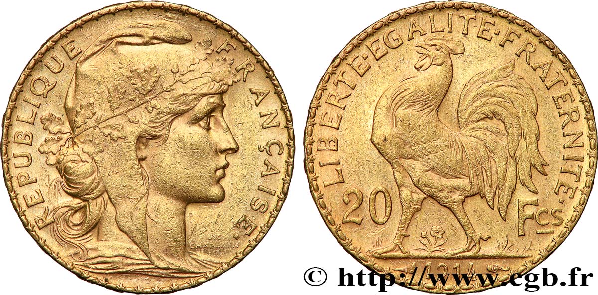 20 francs or Coq, Liberté Égalité Fraternité 1914 Paris F.535/8 AU 