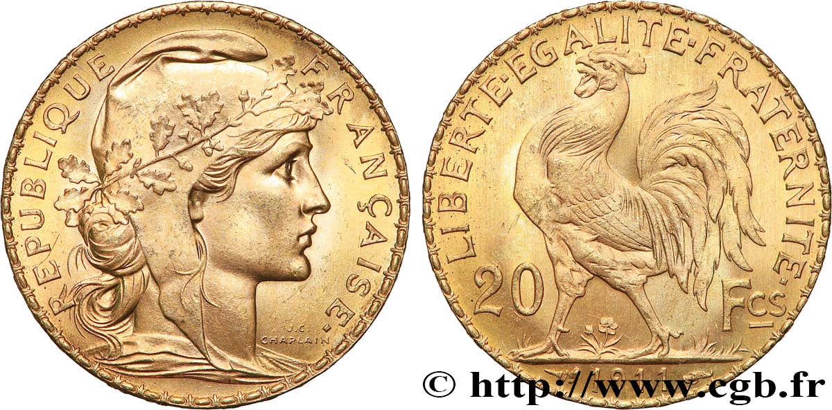 20 francs or Coq, Liberté Égalité Fraternité 1911 Paris F.535/5 MS 