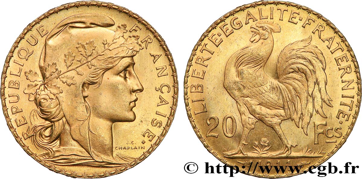 20 francs or Coq, Liberté Égalité Fraternité 1911 Paris F.535/5 SPL 
