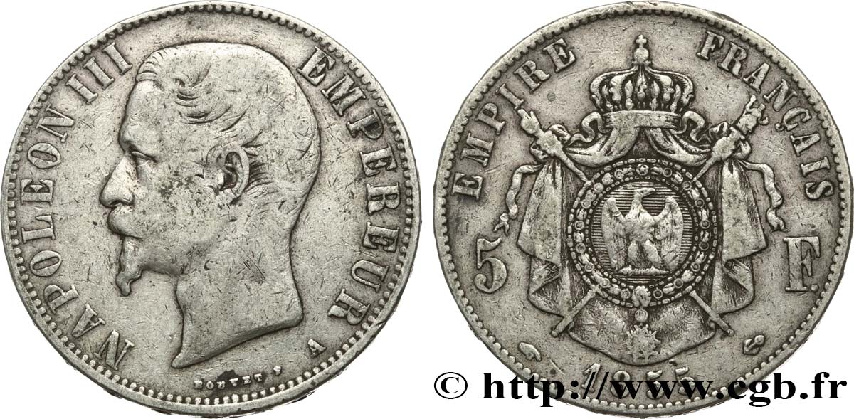 5 francs Napoléon III, tête nue 1855 Paris F.330/3 VF20 