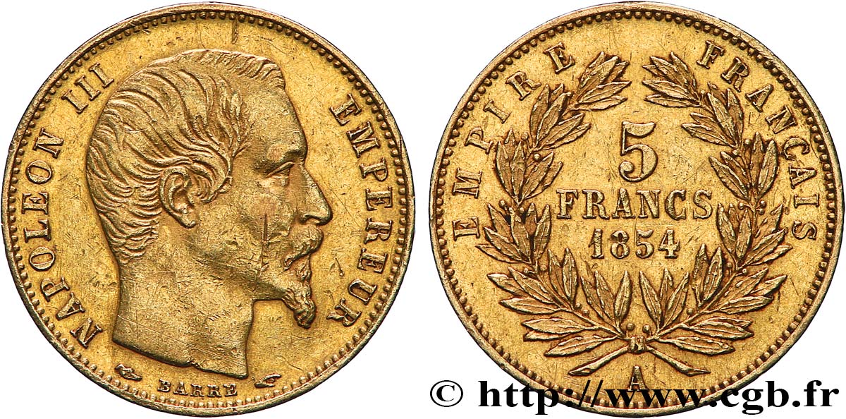 5 francs or Napoléon III, tête nue, petit module, tranche lisse 1854 Paris F.500/1 BB 
