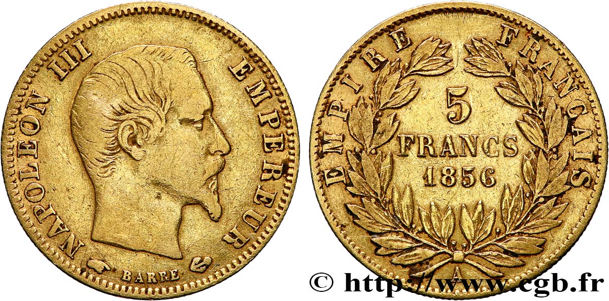 5 francs or Napoléon III, tête nue, grand module 1856 Paris F.501/2 VF 