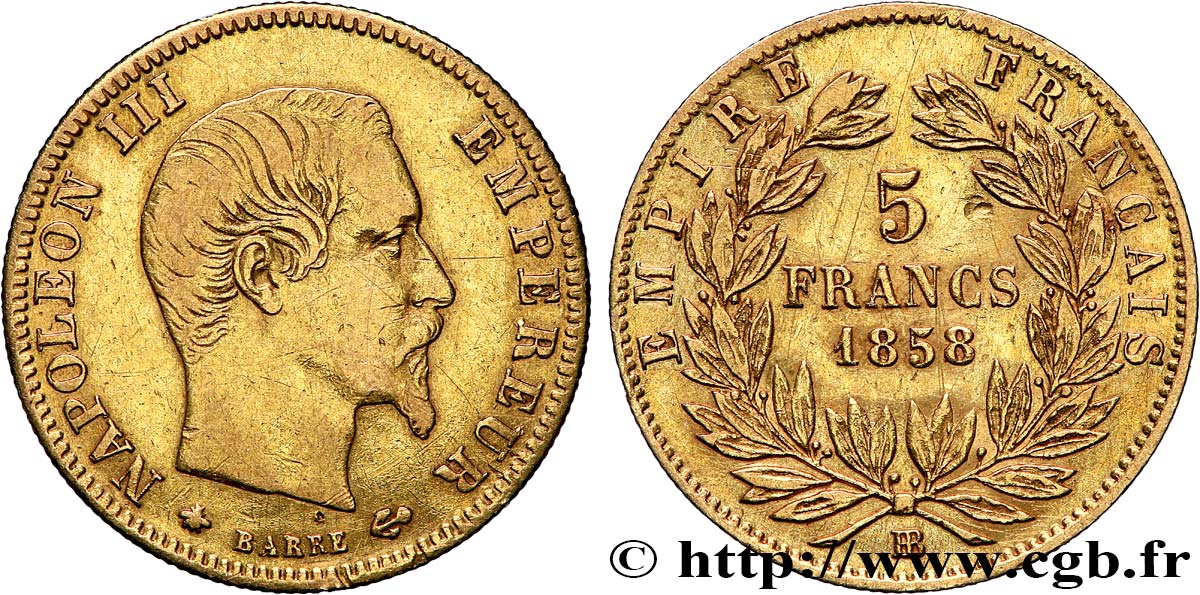 5 francs or Napoléon III, tête nue, grand module 1858 Strasbourg F.501/6 VF 