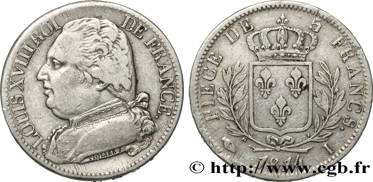 5 francs Louis XVIII, buste habillé 1814 Limoges F.308/6 TB+ 