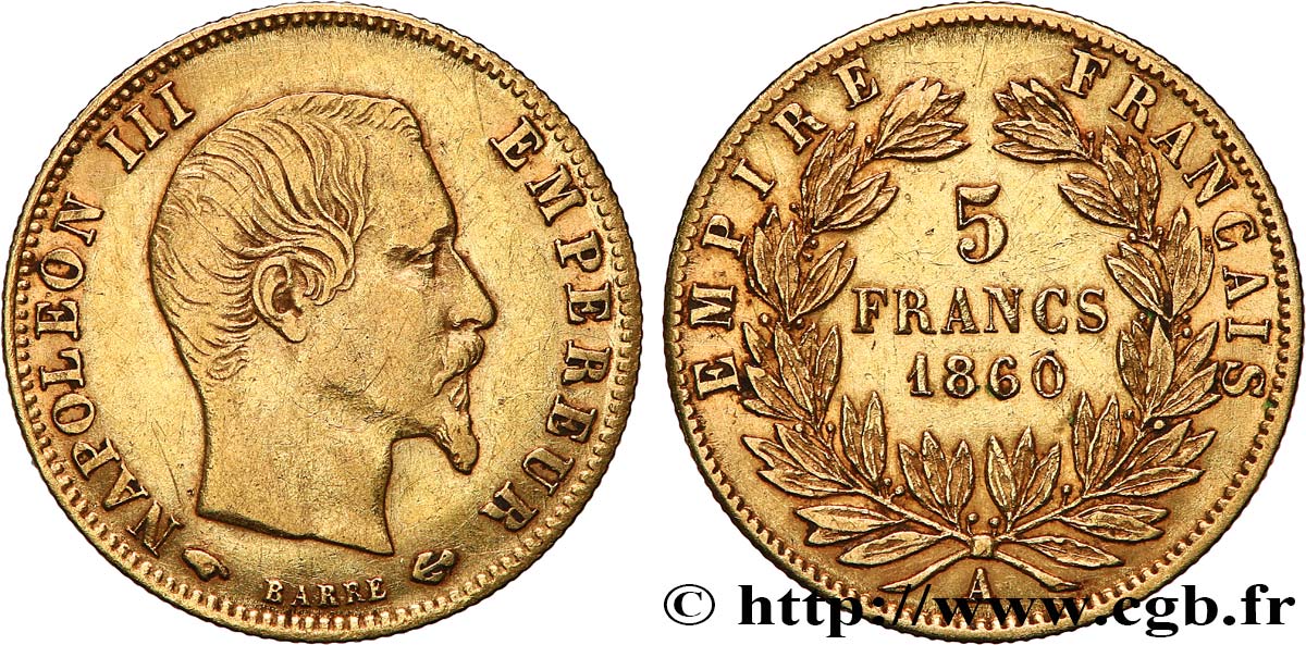 5 francs or Napoléon III, tête nue, grand module 1860 Paris F.501/10 TB+ 