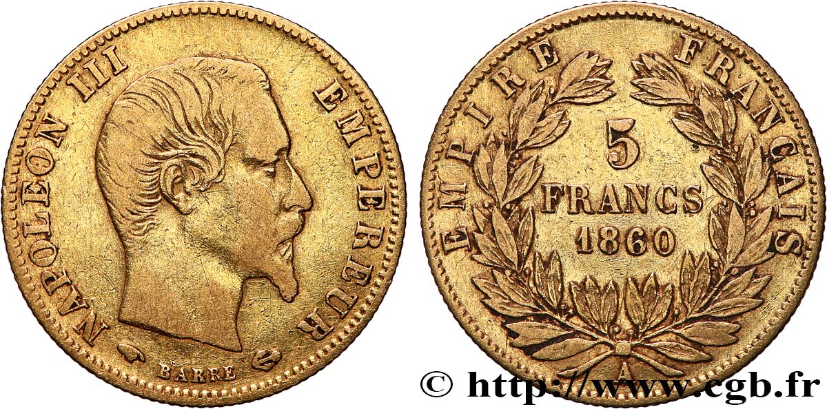 5 francs or Napoléon III, tête nue, grand module 1860 Paris F.501/10 S 