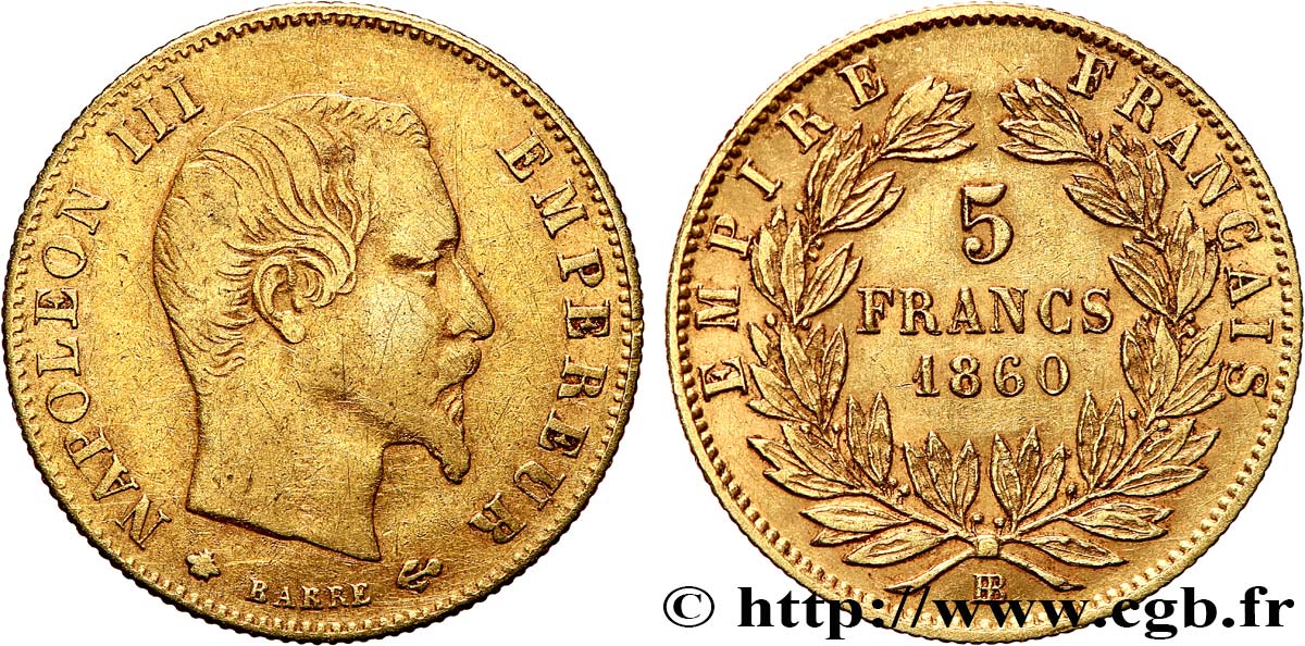 5 francs or Napoléon III, tête nue, grand module 1860 Strasbourg F.501/13 TB35 