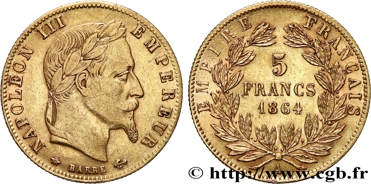 5 francs or Napoléon III, tête laurée 1864 Paris F.502/5 SS50 