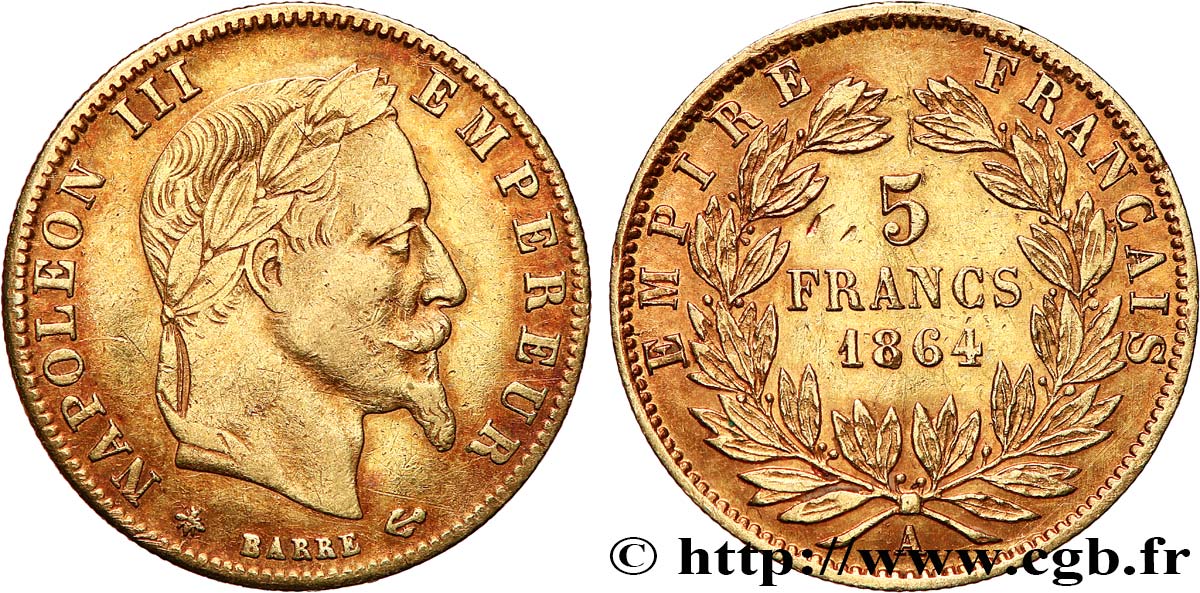 5 francs or Napoléon III, tête laurée 1864 Paris F.502/5 BC+ 