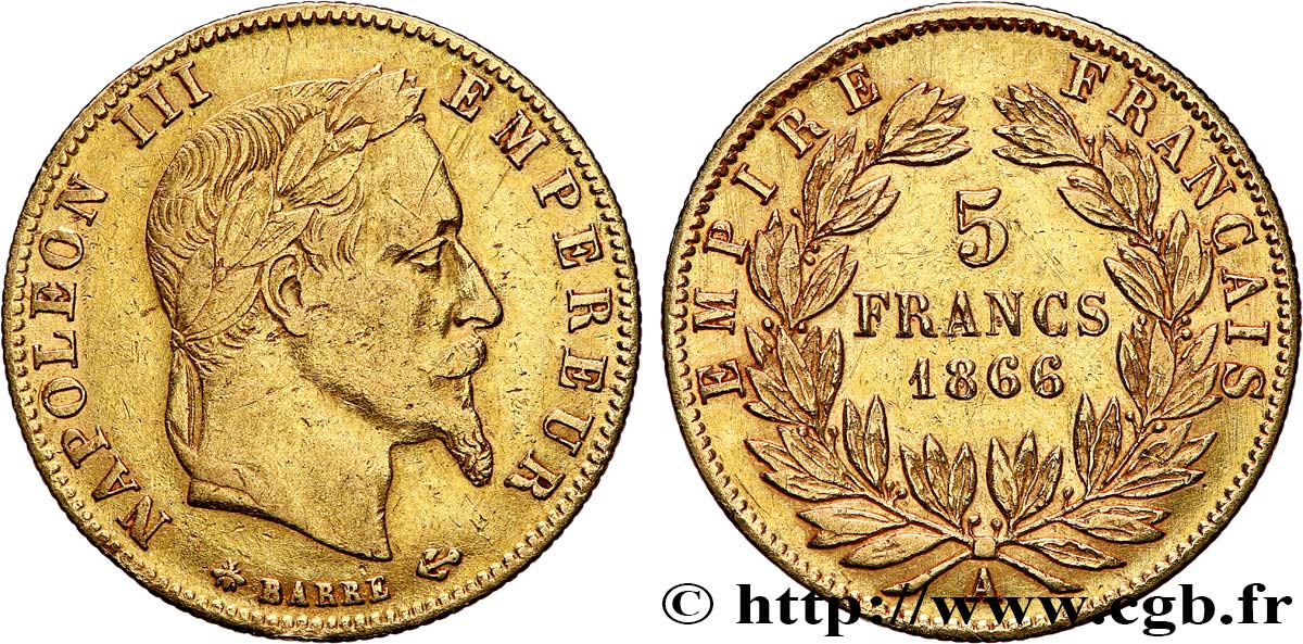 5 francs or Napoléon III, tête laurée 1866 Paris F.502/9 TB+ 