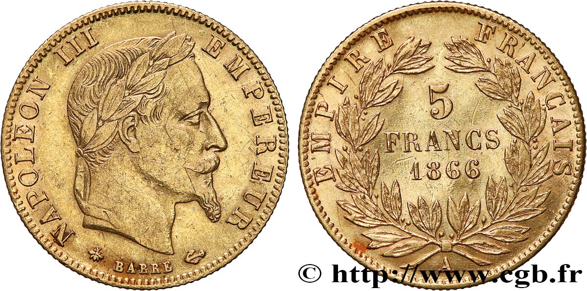5 francs or Napoléon III, tête laurée 1866 Paris F.502/9 XF 