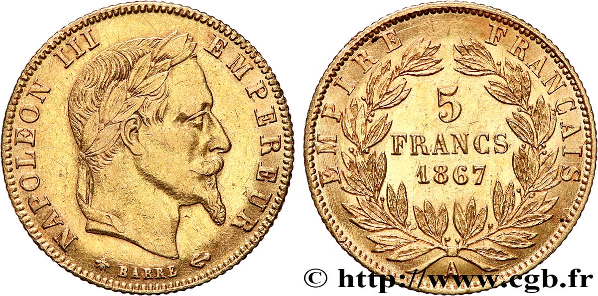 5 francs or Napoléon III, tête laurée 1867 Paris F.502/11 AU 