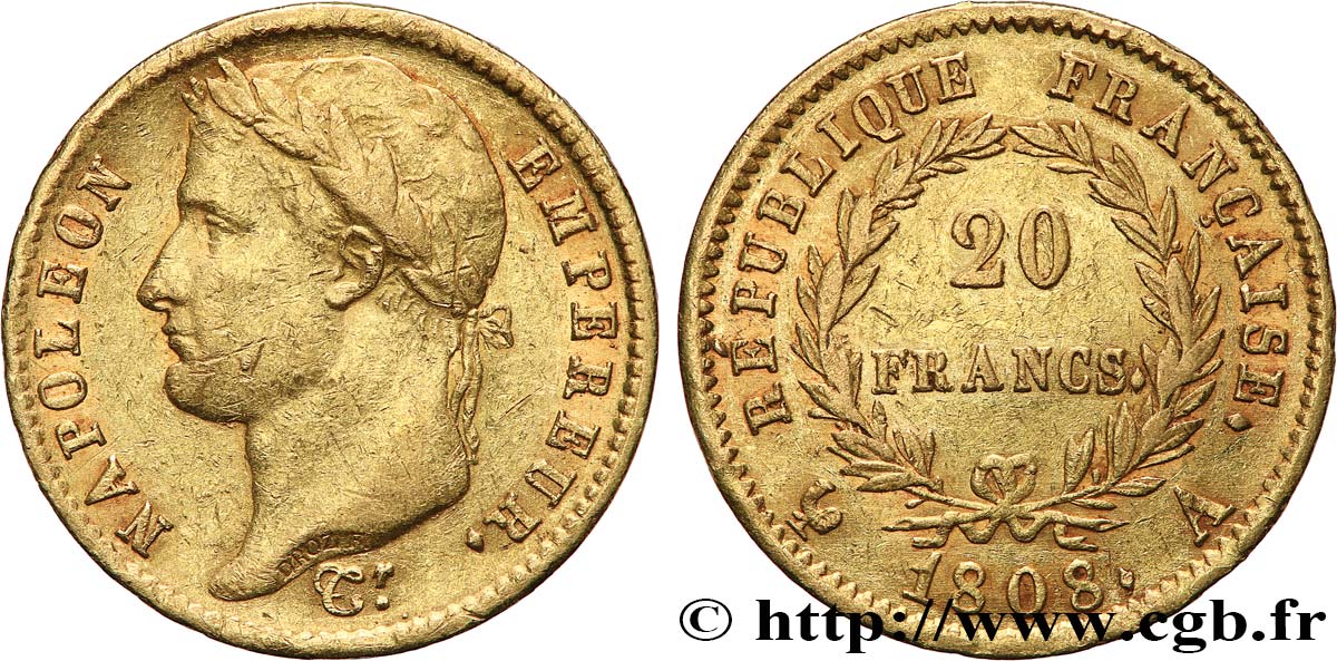 20 francs or Napoléon tête laurée, République française 1808 Paris F.515/2 MBC 