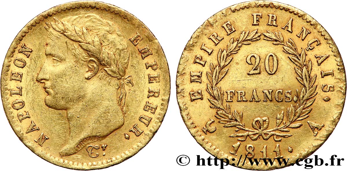 20 francs or Napoléon, tête laurée, Empire français 1811 Paris F.516/16 AU53 