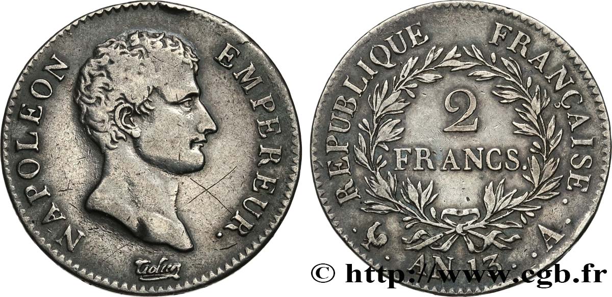 2 francs Napoléon Empereur, Calendrier révolutionnaire 1805 Paris F.251/12 BC+ 