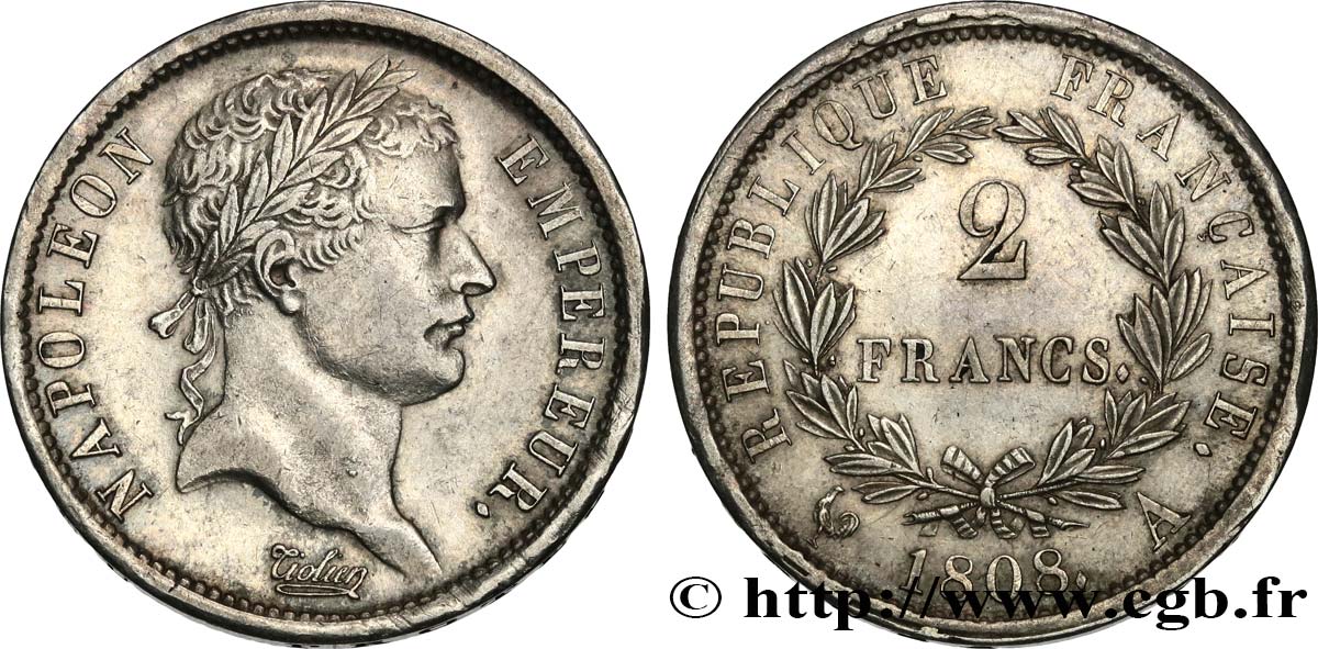 2 francs Napoléon Ier tête laurée, République française 1808 Paris F.254/4 VZ 