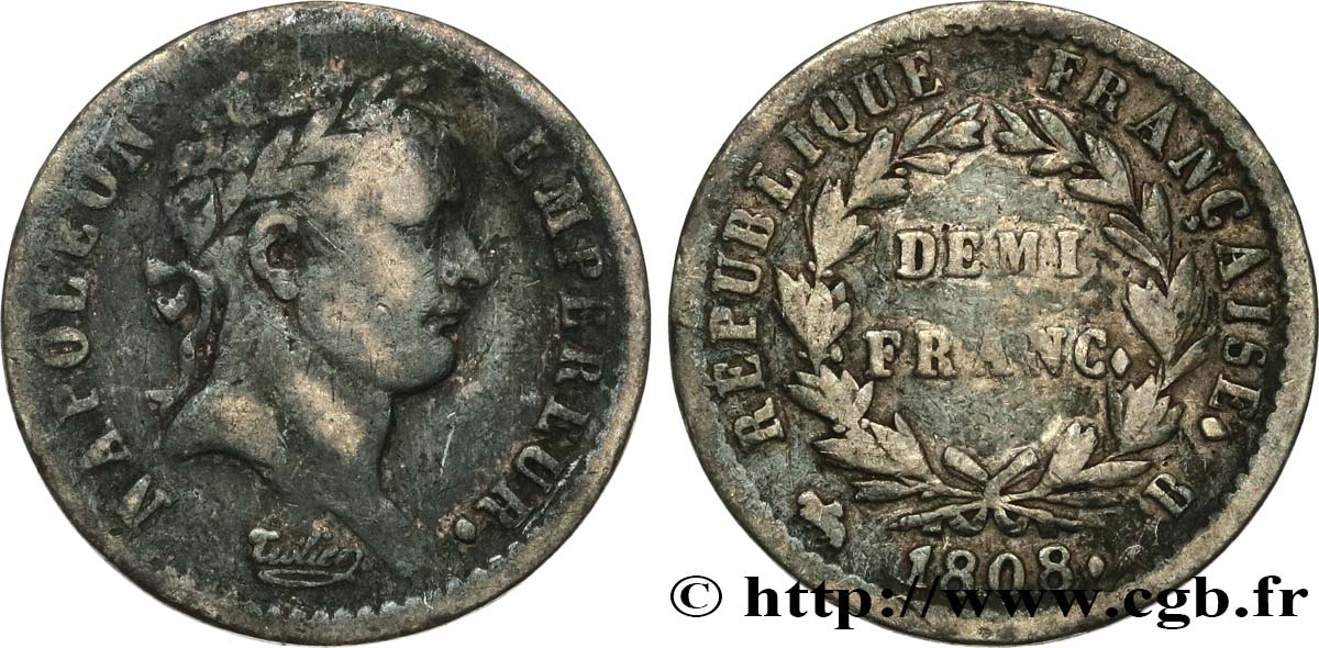 Demi-franc Napoléon Ier tête laurée, République française 1808 Strasbourg F.177/4 TB 