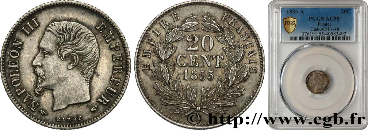 20 centimes Napoléon III, tête nue 1855 Paris F.148/3 VZ55 PCGS