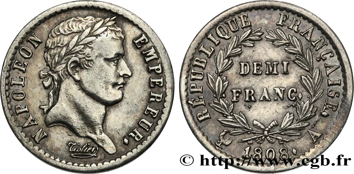 Demi-franc Napoléon Ier tête laurée, République française 1808 Paris F.177/2 TTB+ 