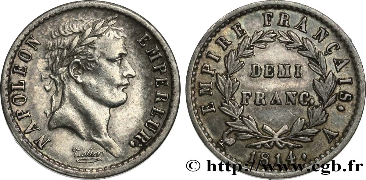 Demi-franc Napoléon Ier tête laurée, Empire français 1814 Paris F.178/63 AU 