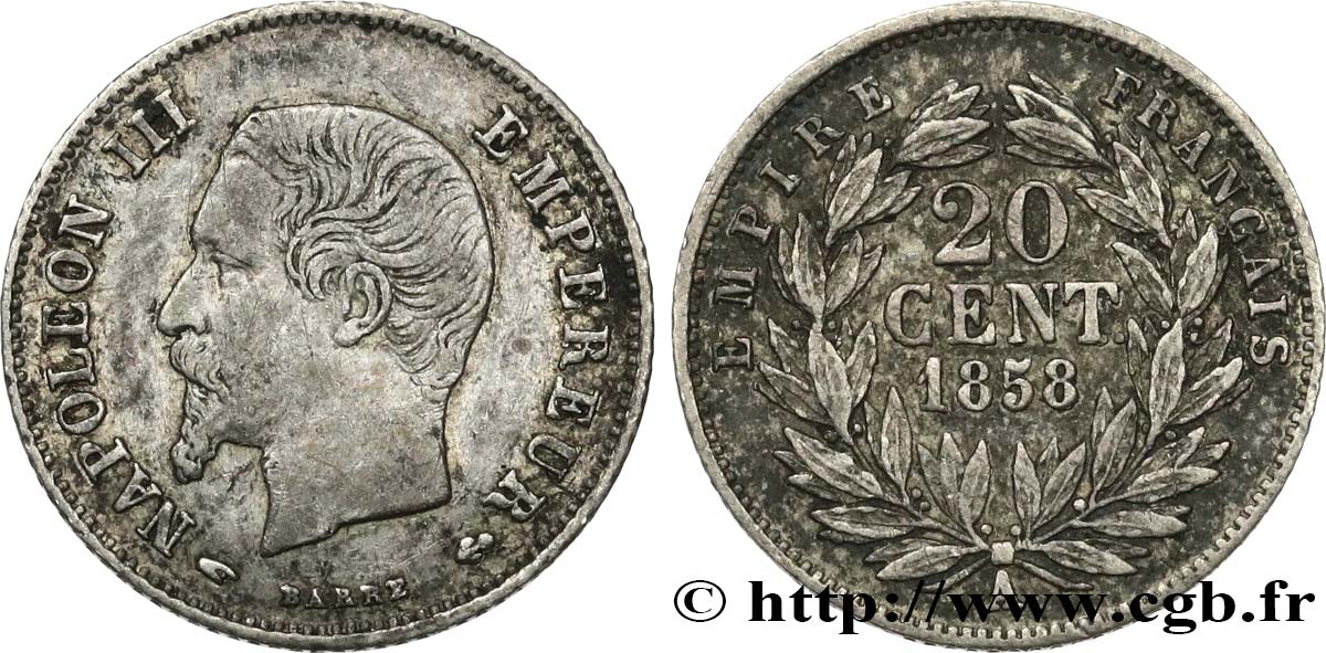 20 centimes Napoléon III, tête nue 1858 Paris F.148/10 XF45 