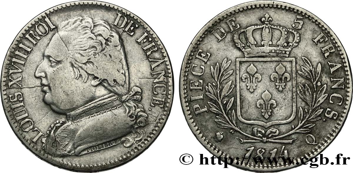 5 francs Louis XVIII, buste habillé 1814 Perpignan F.308/11 S35 