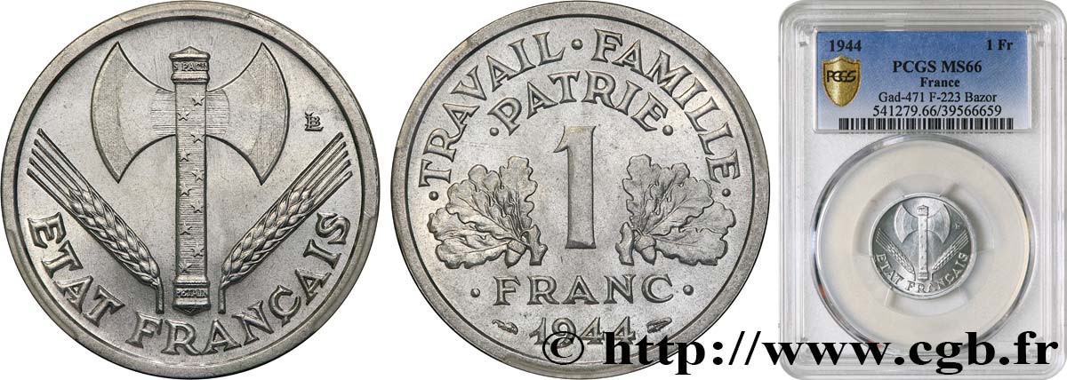 1 franc Francisque, légère 1944  F.223/5 ST66 PCGS