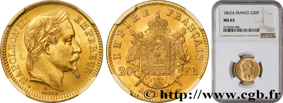 20 francs or Napoléon III, tête laurée, grand A 1862 Paris F.532/4 MS63 NGC