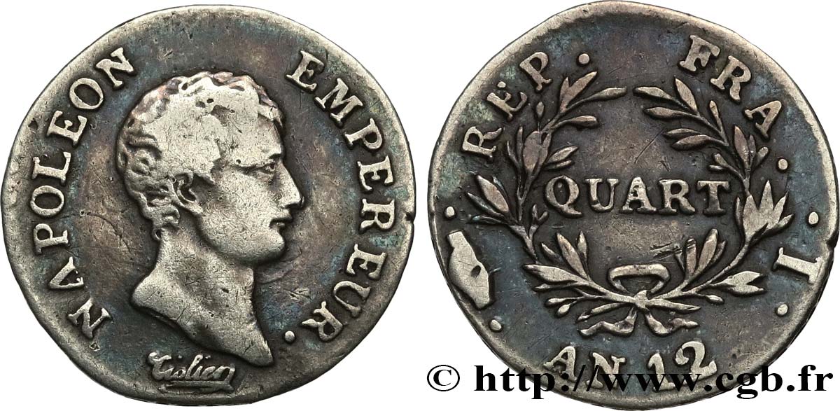 Quart (de franc) Napoléon Empereur, Calendrier révolutionnaire 1804 Limoges F.158/4 MB 