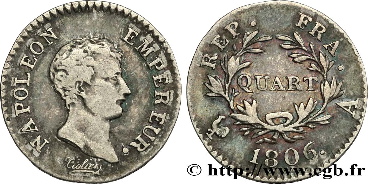 Quart (de franc) Napoléon Empereur, Calendrier grégorien 1806 Paris F.159/1 q.BB 