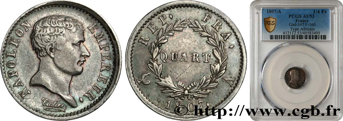 Quart (de franc) Napoléon Empereur, tête de nègre 1807 Paris F.160/1 MBC53 PCGS