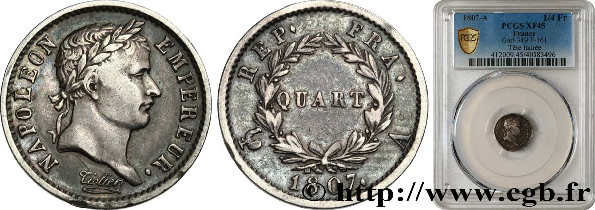 Quart (de franc) Napoléon Ier tête laurée, République française 1807 Paris F.161/1 MBC45 PCGS