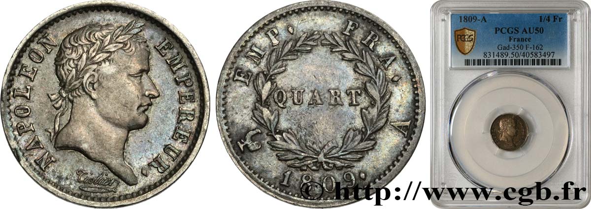 Quart (de franc) Napoléon Ier tête laurée, Empire français 1809 Paris F.162/1 TTB50 PCGS