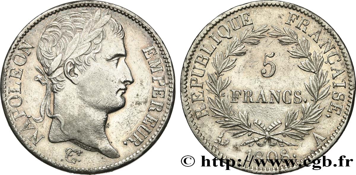 5 francs Napoléon Empereur, République française 1808 Paris F.306/2 MBC+ 