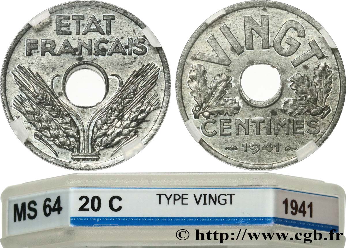 VINGT centimes État français 1941  F.152/2 MS64 GENI