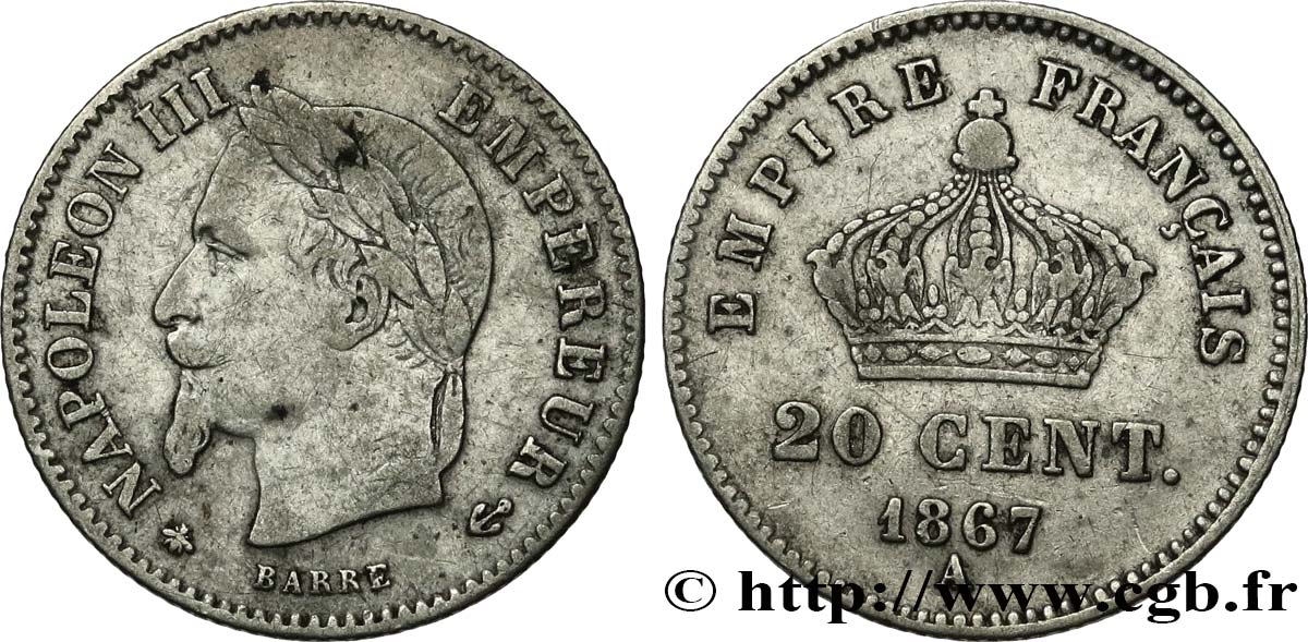 20 centimes Napoléon III, tête laurée, grand module 1867 Paris F.150/1 MB35 