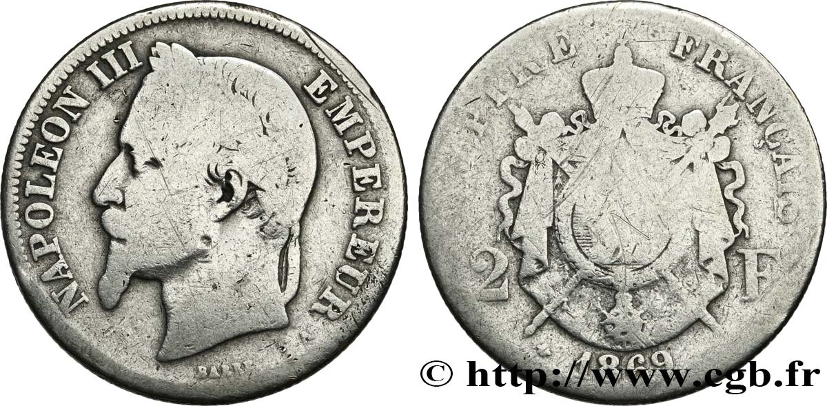 2 francs Napoléon III, tête laurée 1869 Paris F.263/10 B+ 