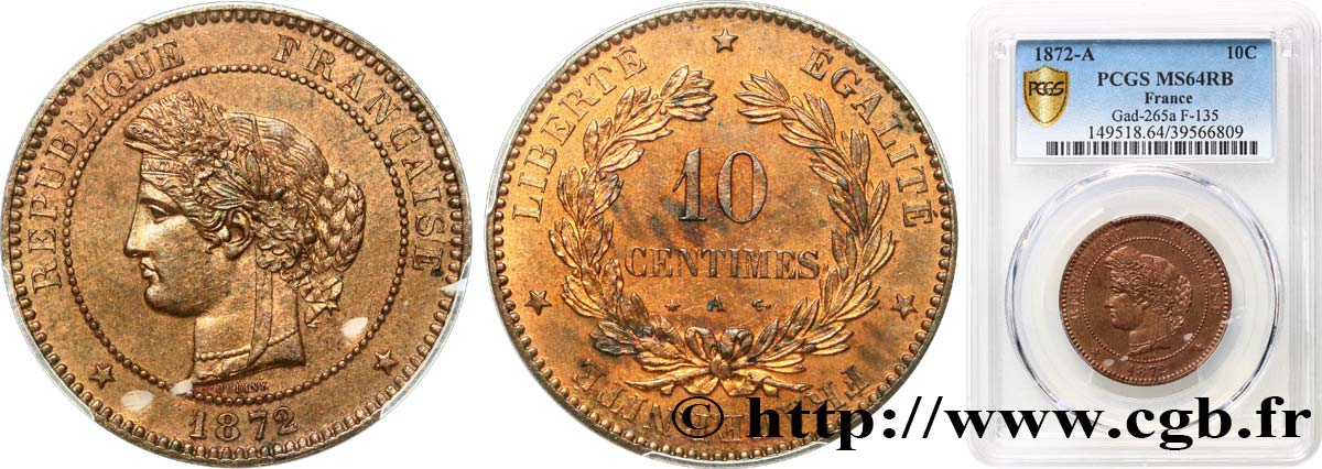 10 centimes Cérès 1872 Paris F.135/8 SPL64 PCGS