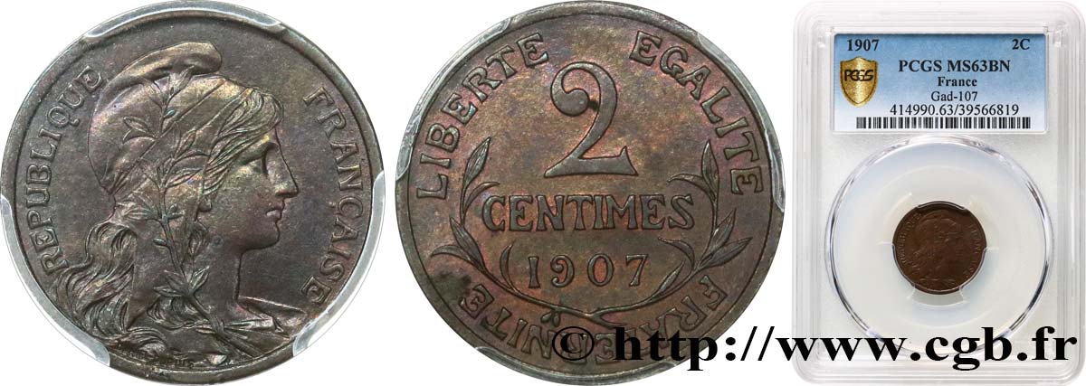 2 centimes Daniel-Dupuis 1907 Paris F.110/10 MS63 PCGS