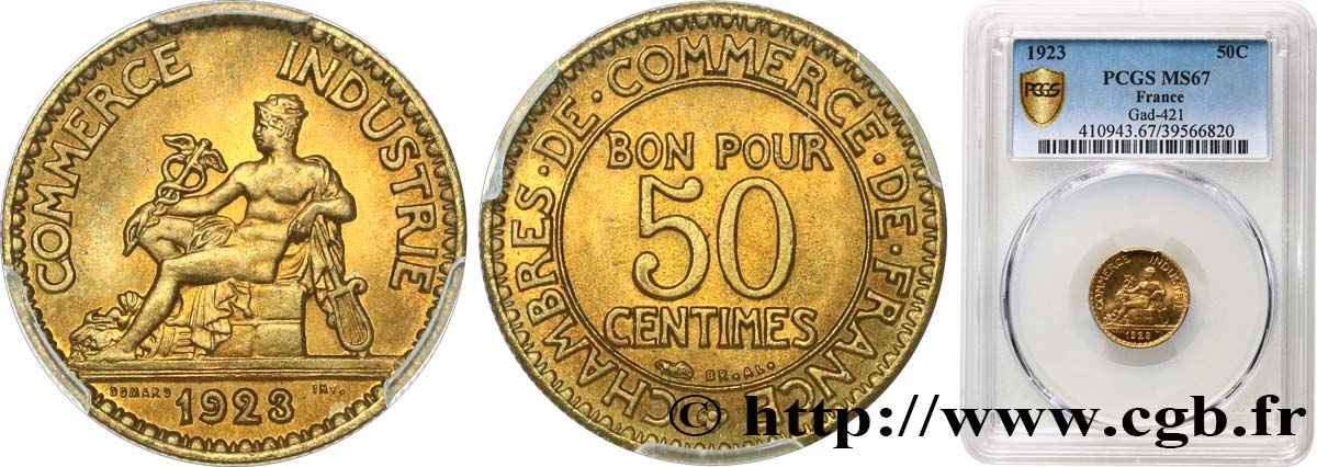 50 centimes Chambres de Commerce 1923 Paris F.191/5 ST67 PCGS
