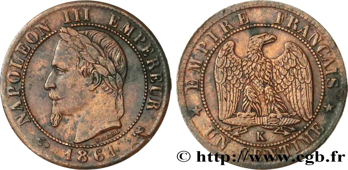 Un centime Napoléon III, tête laurée 1861 Bordeaux F.103/3 TTB40 