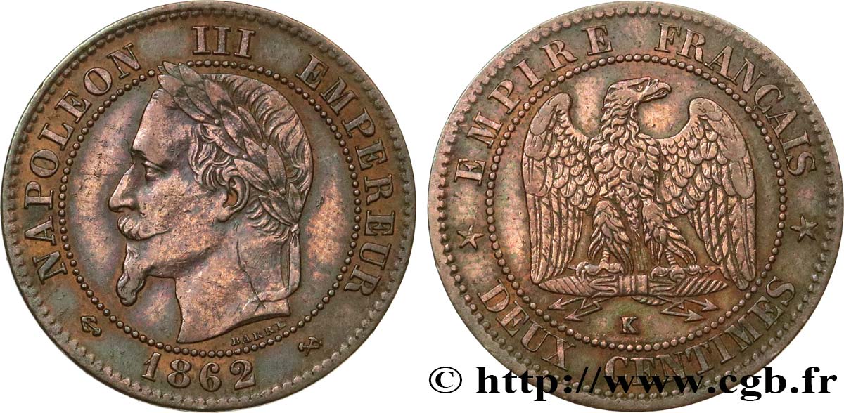 Deux centimes Napoléon III, tête laurée 1862 Bordeaux F.108A/7 MBC 