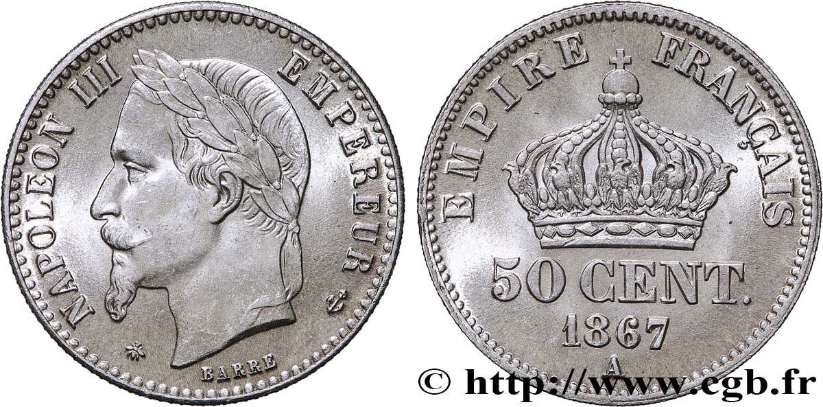 50 centimes Napoléon III, tête laurée 1867 Paris F.188/14 SPL64 