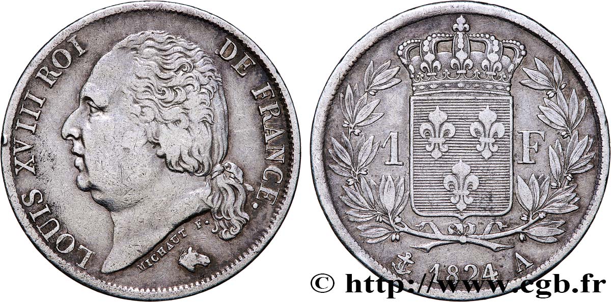 1 franc Louis XVIII 1824 Paris F.206/55 XF 