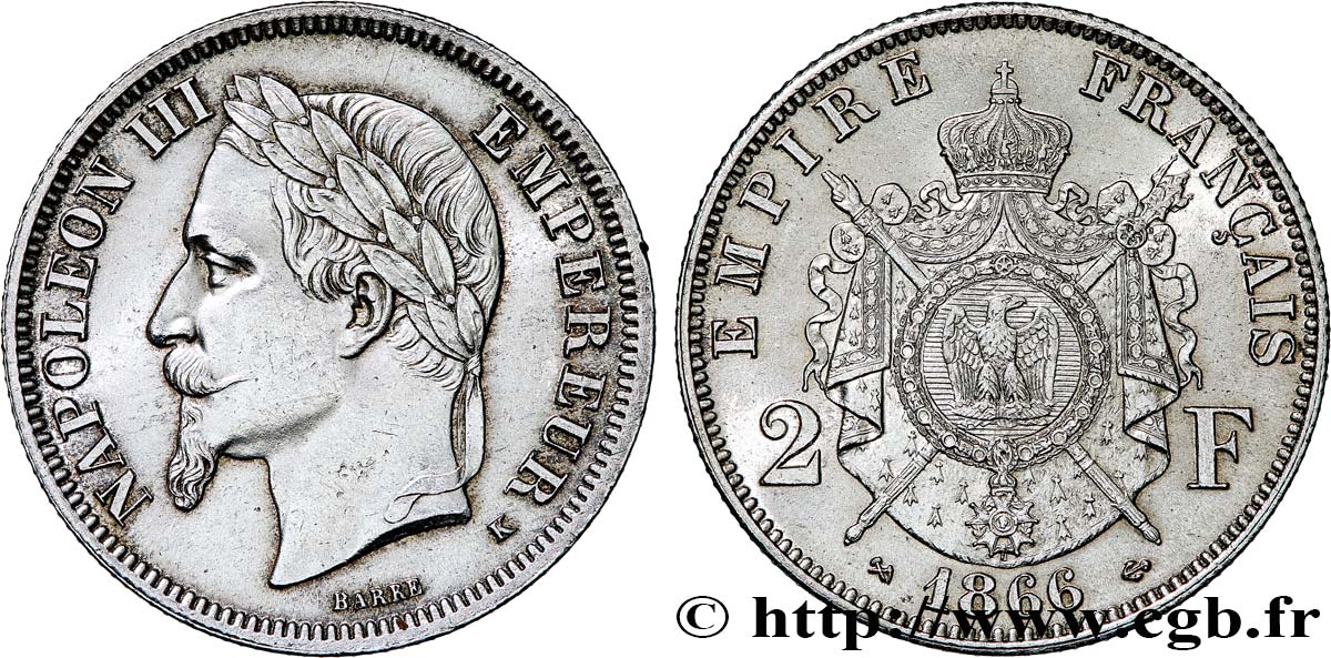 2 francs Napoléon III, tête laurée 1866 Bordeaux F.263/4 SPL 
