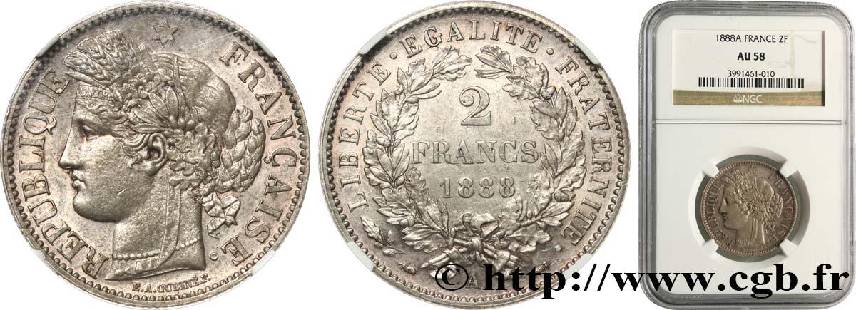 2 francs Cérès, avec légende 1888 Paris F.265/14 AU58 NGC