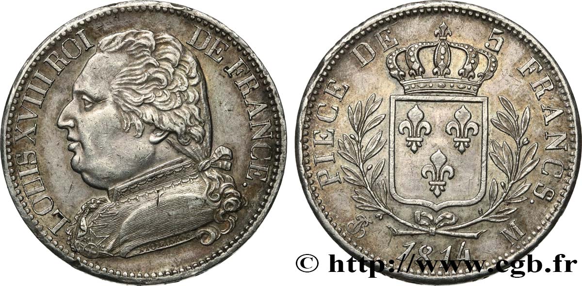 5 francs Louis XVIII, buste habillé 1814 Toulouse F.308/9 AU55 