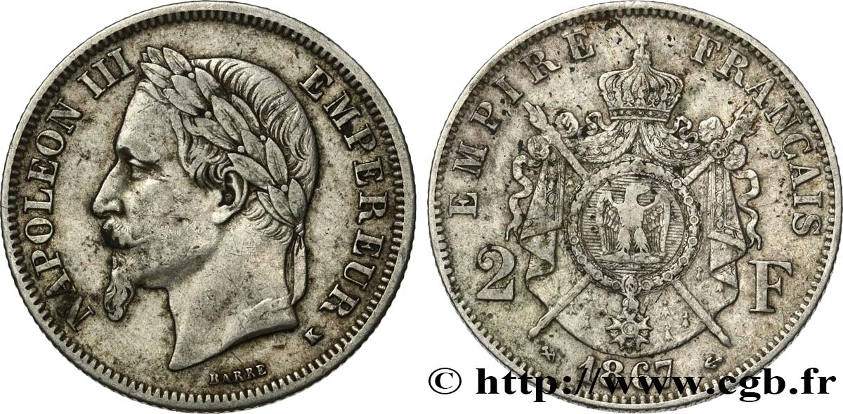 2 francs Napoléon III, tête laurée 1867 Bordeaux F.263/6 TTB40 