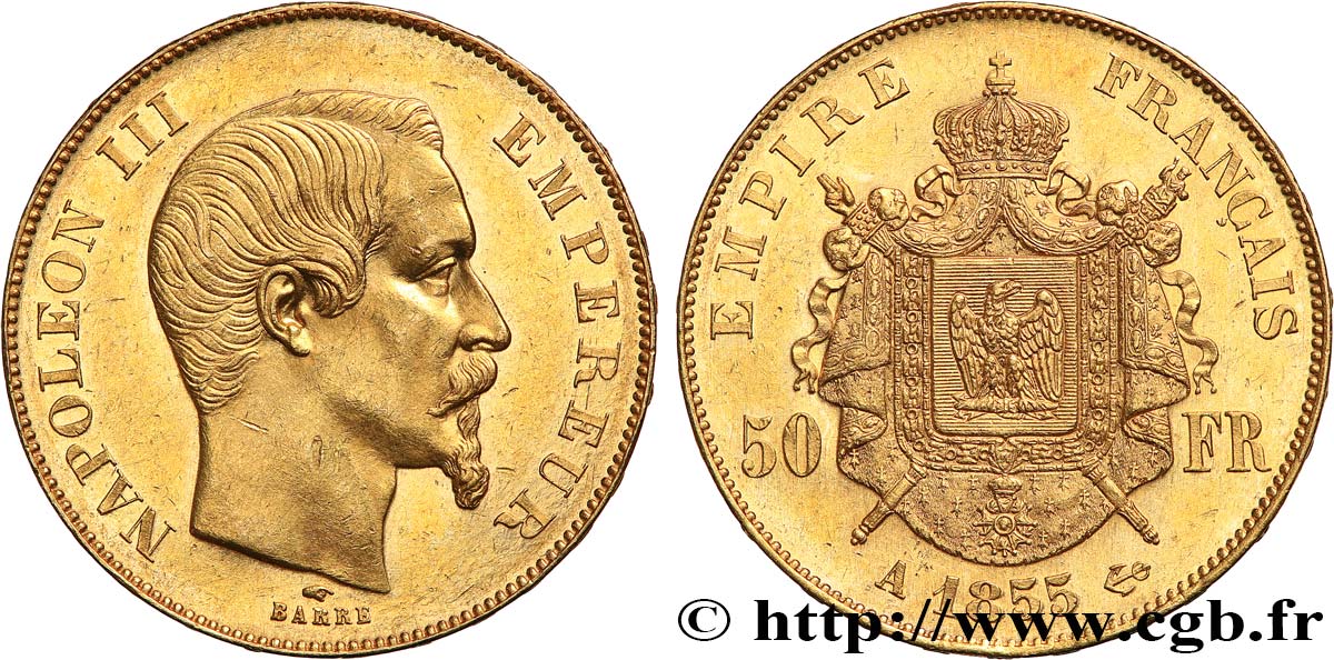 50 francs or Napoléon III, tête nue 1855 Paris F.547/1 MS61 